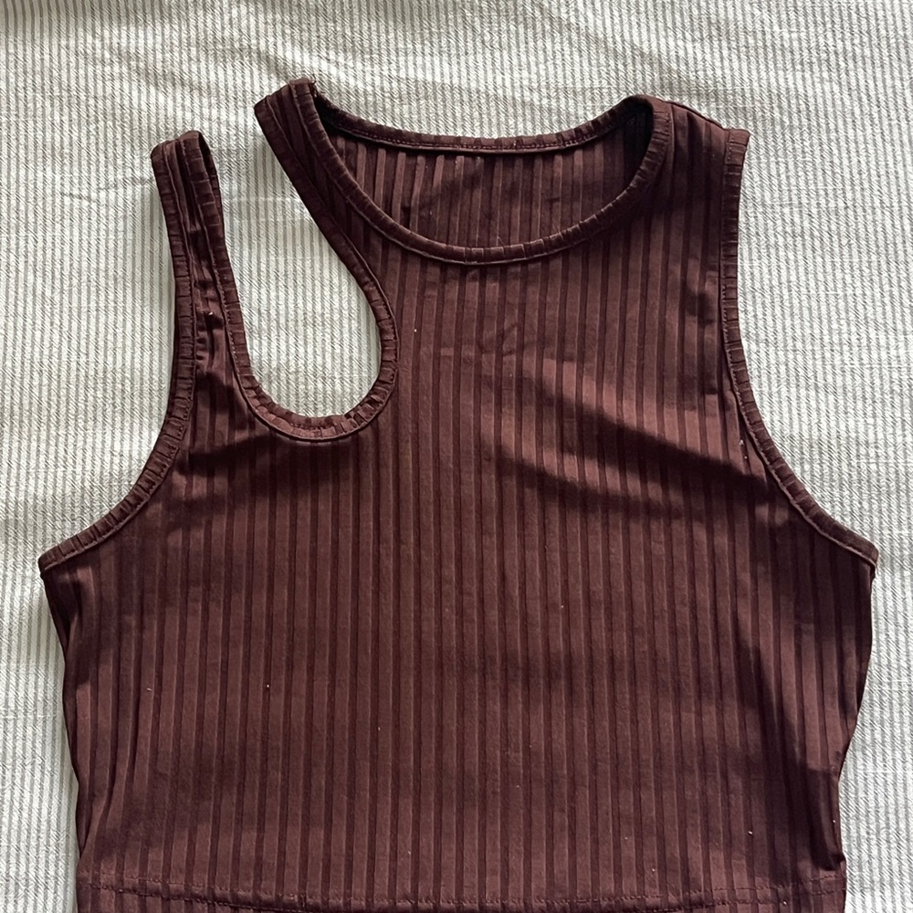 SHEIN Brown Asymmetrical Ribbed Crop Tank Top